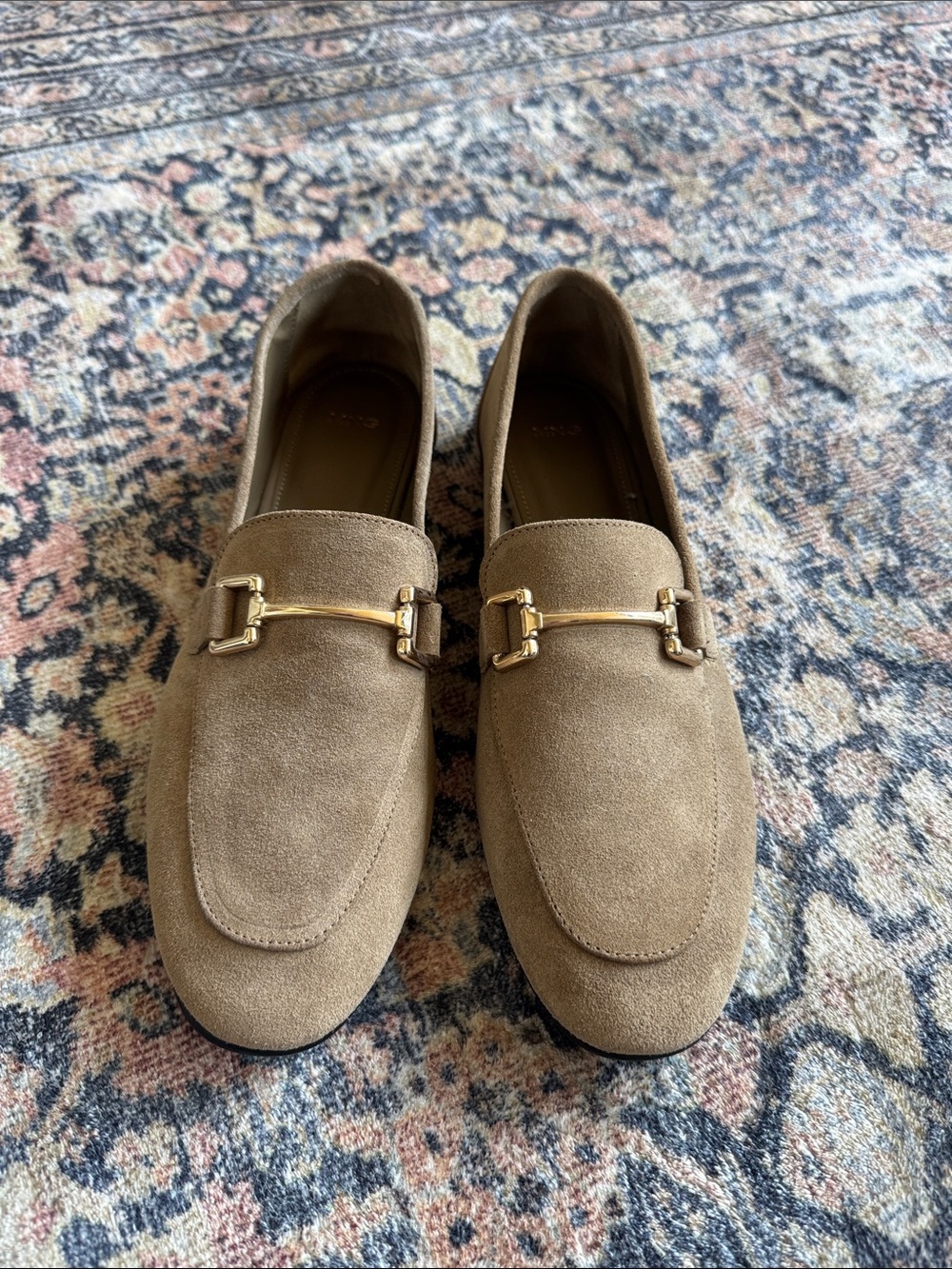 Mango Taupe Suede Loafers with Gold Horsebit NWOT